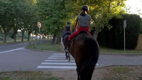 Group-of-female-equestrian-riding-horses-on-asphalt