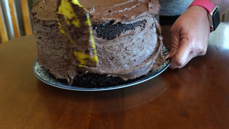 Spreading-chocolate-frosting-on-a-triple-layer-cake
