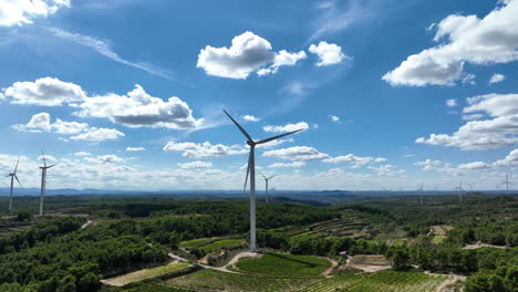 Cinematic-backward-view-of-wind-turbines-rotating-at