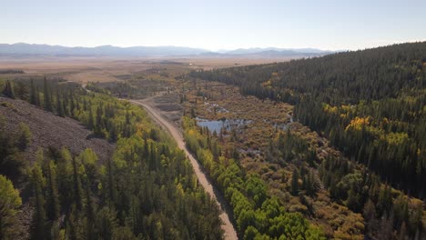 Flying-above-a-dirt-road-with-beaver-ponds