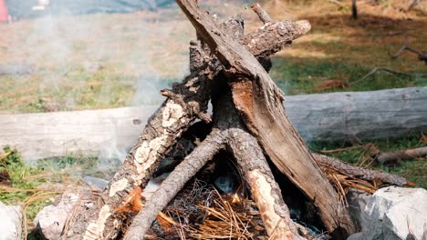 Close-up-of-a-small-campfire-starting-to-smoke