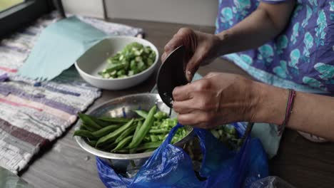 Weathered-Hands-Of-Women-Slicing-Greens-Beans-Using