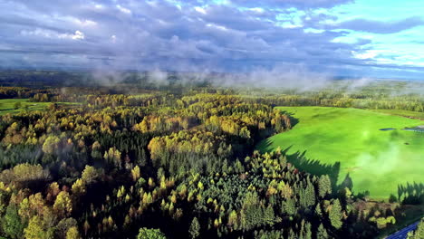 Aerial-flyover-idyllic-scenic-landscape-with-woodland-and