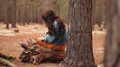 Female-writer-is-writing-in-the-woods-for