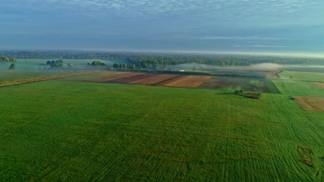 Aerial-backwards-shot-of-beautiful-agricultural-fields-during