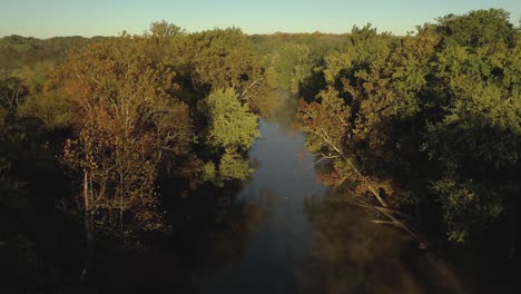 K-Drohne-Fluss-Durch-Wald-Morgen-überfliegen