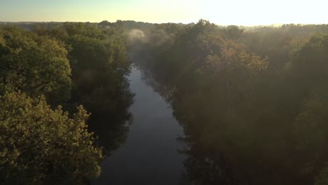 K-Drone-River-Through-Woods-Foggy-Morning-Fly