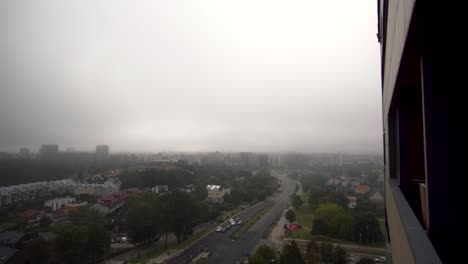 Establishing-shot-of-city-covered-in-fog
