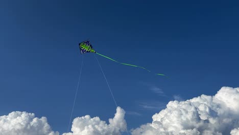 Low-angle-pov-of-green-kite-with-long