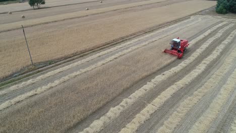 aerial-view-of-red-harvesting-tractor-machine-collecting