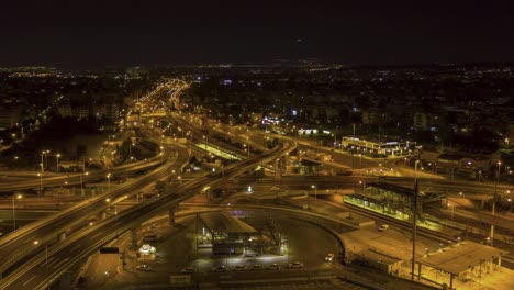 Aerial-night-timelapse-of-highway-junction-in-Athens