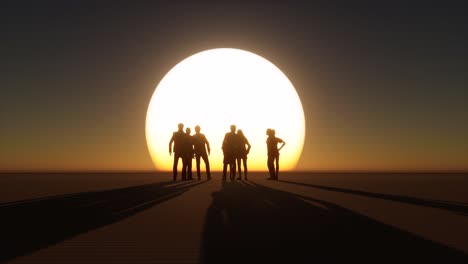 Die-Silhouetten-Der-Menschen-Auf-Einem-Großen-Sonnenuntergang-Stehen-Untätig-Und-Schauen
