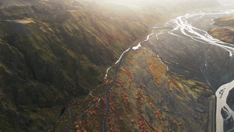 Flyover-above-Thorsmork-River-Valley-Iceland-in-warm