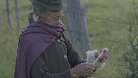 Slow-motion-shot-of-an-elderly-woman-still-working-and-helping-out-around-the-farm