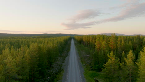 Aerial-view-of-road-cutting-through-spruce-forest-in-countryside-of-Sweden