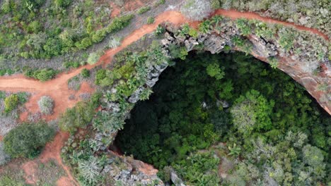 Aerial-drone-top-down-bird's-eye-rising-wide-shot-of-the-Lapa-Doce-cave-entrance-with-a-self-contained-rainforest-below-in-the-Chapada-Diamantina-National-Park-in-Bahia,-northeastern-Brazil