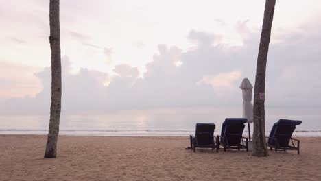 Luxury-beach-lounge-beds-with-umbrella-on-green-lawn-near-beach