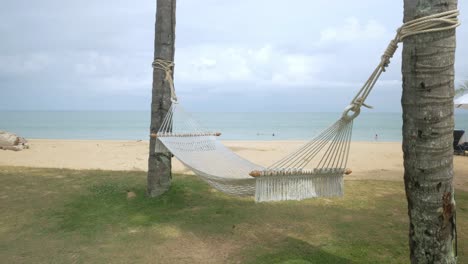 Empty-hammock-on-green-lawn-near-sandy-tropical-beach,-swinging-bed-by-blue-sea-on-exotic-travel-summer-destination-vacation