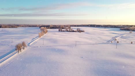 Icy-road-and-endless-farm-fields-covered-in-snow-while-snowing,-aerial-view