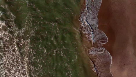 AERIAL---Lakeshore-and-waves,-Mar-Chiquita-salt-lake,-Cordoba,-Argentina,-top-down