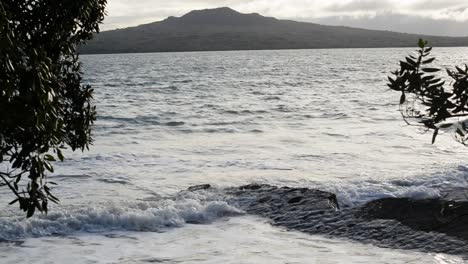 Freihandaufnahme,-Die-Sich-Von-Einem-Steinigen-Pazifischen-Strand-In-Richtung-Der-Insel-Rangitoto-Hinter-Einigen-Ästen-Neigt,-Die-Sich-In-Der-Frischen-Meeresbrise-Wiegen
