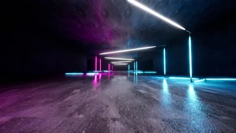Abstract-architectural-concrete-and-rusted-metal-interior-of-a-minimalist-house-with-colored-neon-lighting