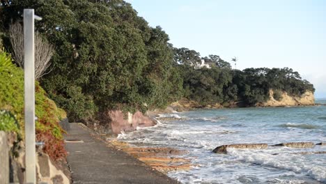 Rocky,-lush-shoreline-at-narrow-neck-beach-during-high-tide-on-Auckland's-north-shore