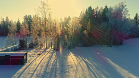 Aerial-sideways-over-frozen-landscape-and-coniferous-forest-with-isolated-hut-at-sunset
