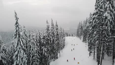 Luftaufnahme-Von-Menschen,-Die-In-Den-Schneebedeckten-Bergen-Skifahren,-Wintersportkonzept