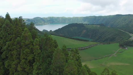 Fliegen-über-Nadelbaumwald-Auf-Den-Azoren-Mit-Blick-Auf-Den-Kratersee