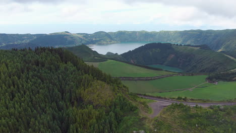 Panoramic-Aerial-View-in-Azores-with-Caldera-Lake-on-São-Miguel-Island