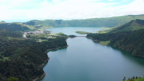 Aerial-View-of-Famous-Twin-Lakes-in-Caldera-of-Sete-Cidades-in-Azores
