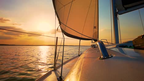 The-front-bow-of-a-white-sailing-boat-with-sunset-and-sea-background