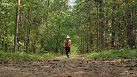 Female-with-backpack-and-summer-hat-walking-on-the-path-in-forest