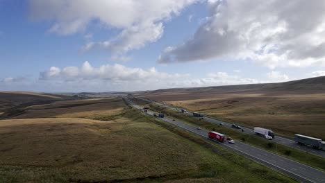 Aerial-footage-of-the-M62-Motorway-at-its-Summit,-the-highest-motorway-in-England