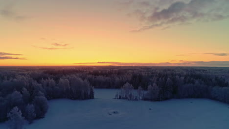 Breathtaking-sunset-lights,-dramatic-sky-over-white-snow-capped-forest,-Drone-flyover