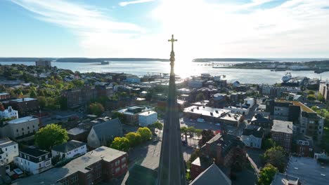 Portland-Maine-aerial-view-of-city-with-morning-sunrise-reflecting-on-Casco-Bay