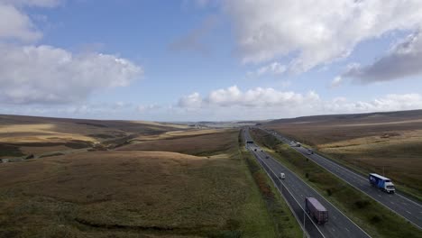 Aerial-footage-of-the-M62-Motorway-at-its-Summit,-the-highest-motorway-in-England