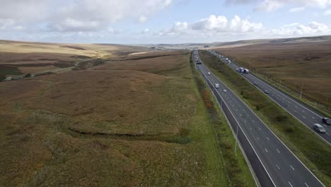 Aerial-footage-of-the-M62-Motorway-at-its-Summit,-Highest-motorway-in-England