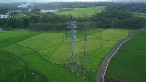 Aerial-orbit-shot-of-high-voltage-transmission-tower-surrounded-by-rural-Plantations-fields-in-Indonesia