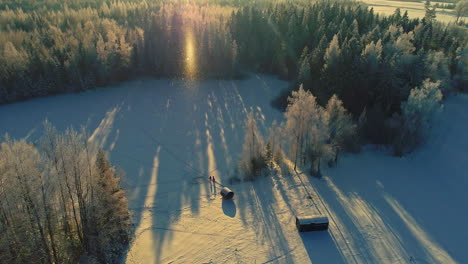 Luftneigung-Des-Verschneiten-Wintertages-Im-Wald-Bei-Langsamem-Schneefall-Bei-Sonnenuntergang-Sonnenstrahl