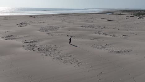 Aerial-panning-shot-of-a-person-walking-in-the-sand-on-the-beach-of-caleta-vidal-in-peru-overlooking-the-sea-with-calm-waves-and-the-city-in-the-background-on-a-sunny-day