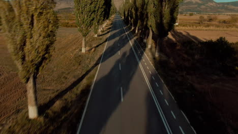 Revealing-drone-shot-of-a-paved-road-leading-towards-mountains,-on-a-clear-sunny-day