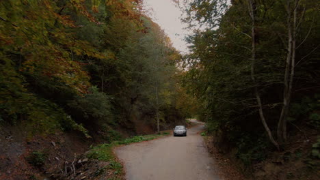 Aerial-tracking-shot-of-a-grey-car-driving-on-a-forest-road-near-water-stream,-among-mountain-trees,-clear-peaceful-day