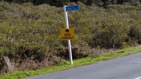 Classic-NZ-yellow-road-signpost-indicating-kiwis,-native-birds-in-the-area,-drive-carefully,-in-the-outdoors-of-New-Zealand-Aotearoa