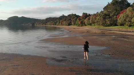 Girl-running-on-Cornwallis-beach-in-morning,-Auckland,-New-Zealand,-aerial-drone-following-view
