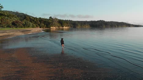 Aerial-drone-following-view-of-girl-running-Cornwallis-beach-in-Auckland,-New-Zealand,-morning-colors-in-slow-motion