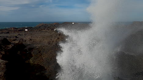 Action-shot-of-water-spurting-from-a-blow-hole-while-tourists-look-on