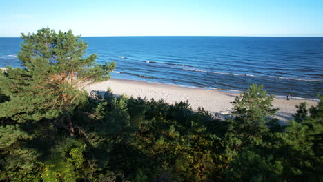 Scenic-Seascape-With-Lush-Vegetation-In-Krynica-Morska,-Poland---aerial-drone-shot