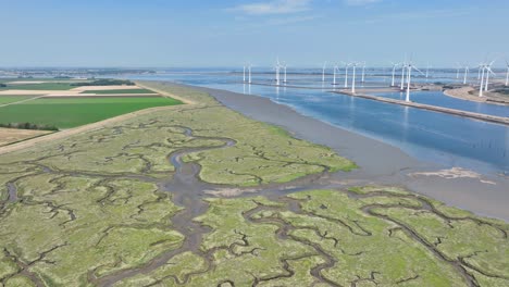Drone-flying-over-wetland-estuary-in-Zeeland,-The-Netherlands